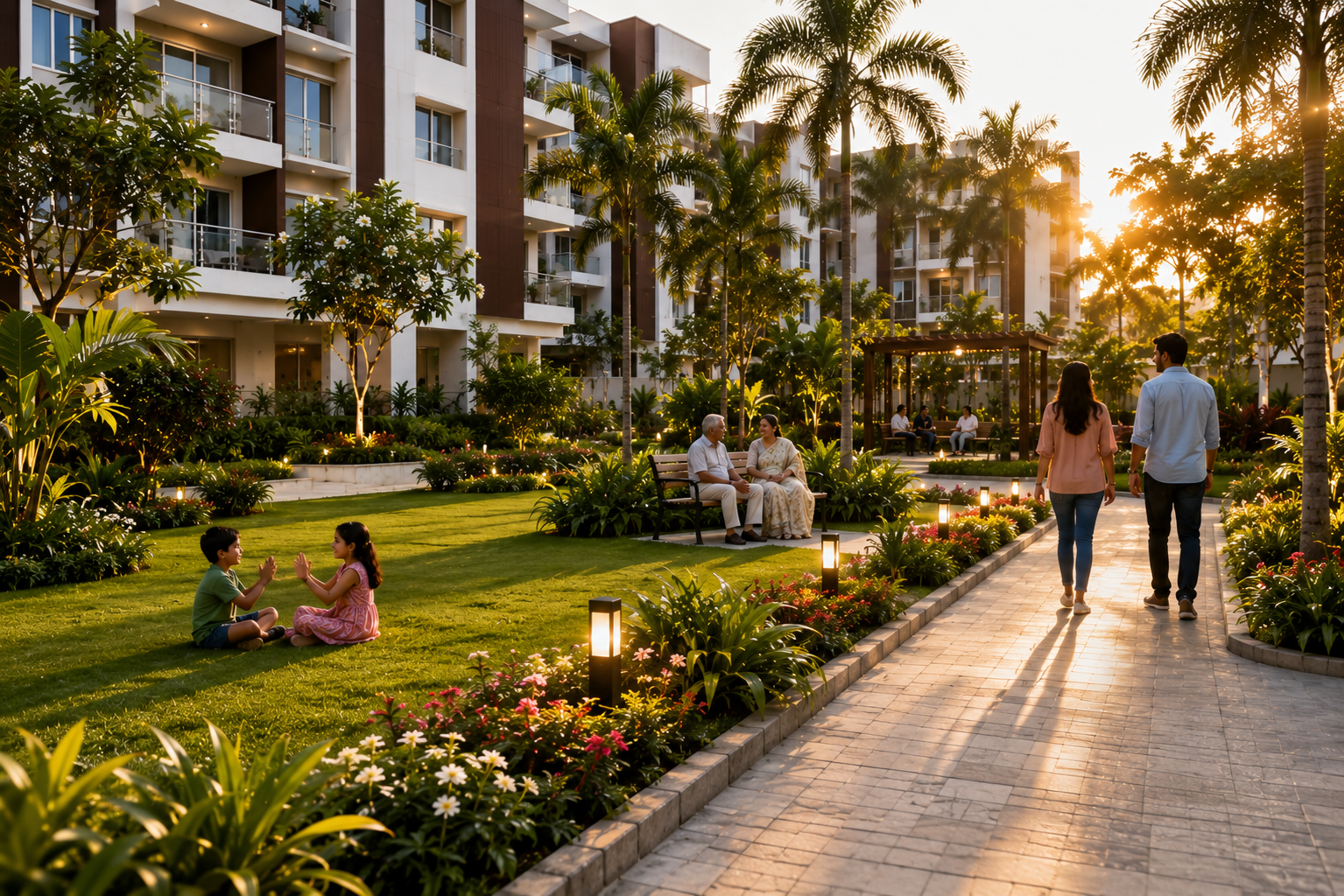 Residents walking through the landscaped garden