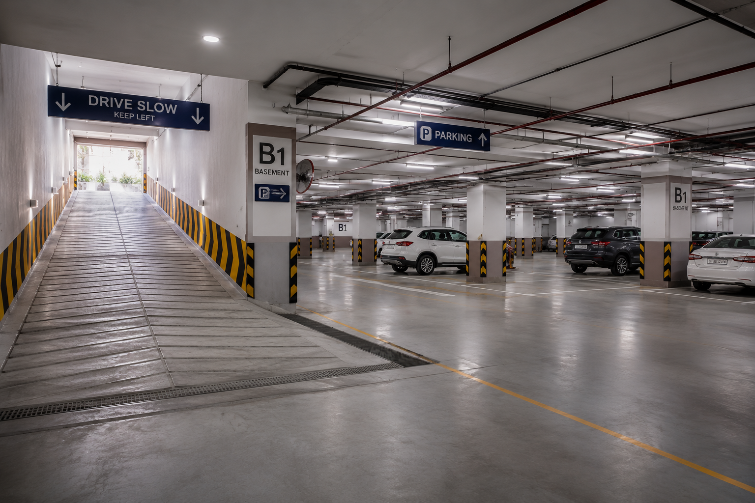 Well-lit basement parking