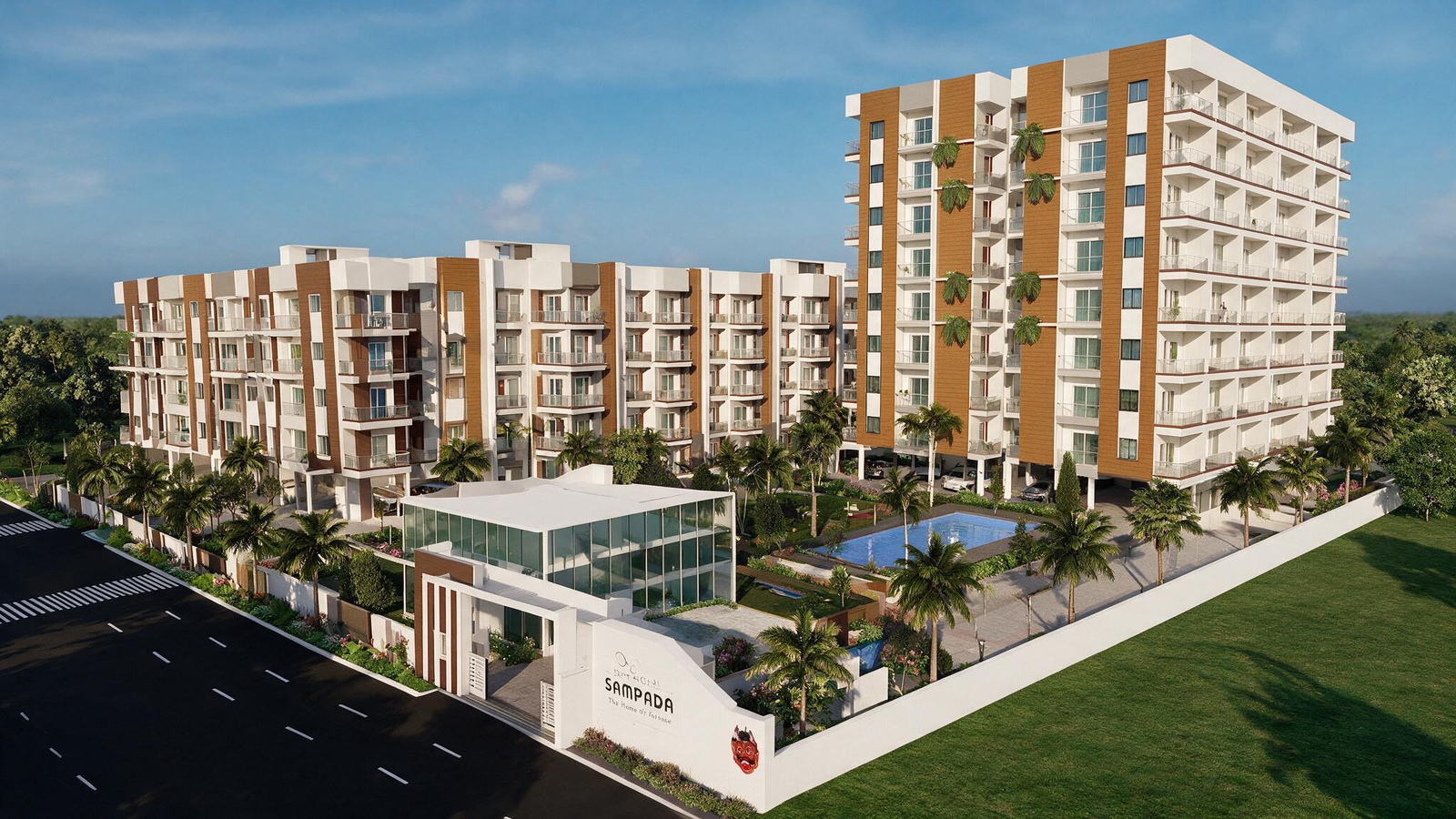 Aerial view of the landscaped swimming pool and Sapthagiri Sampada residences