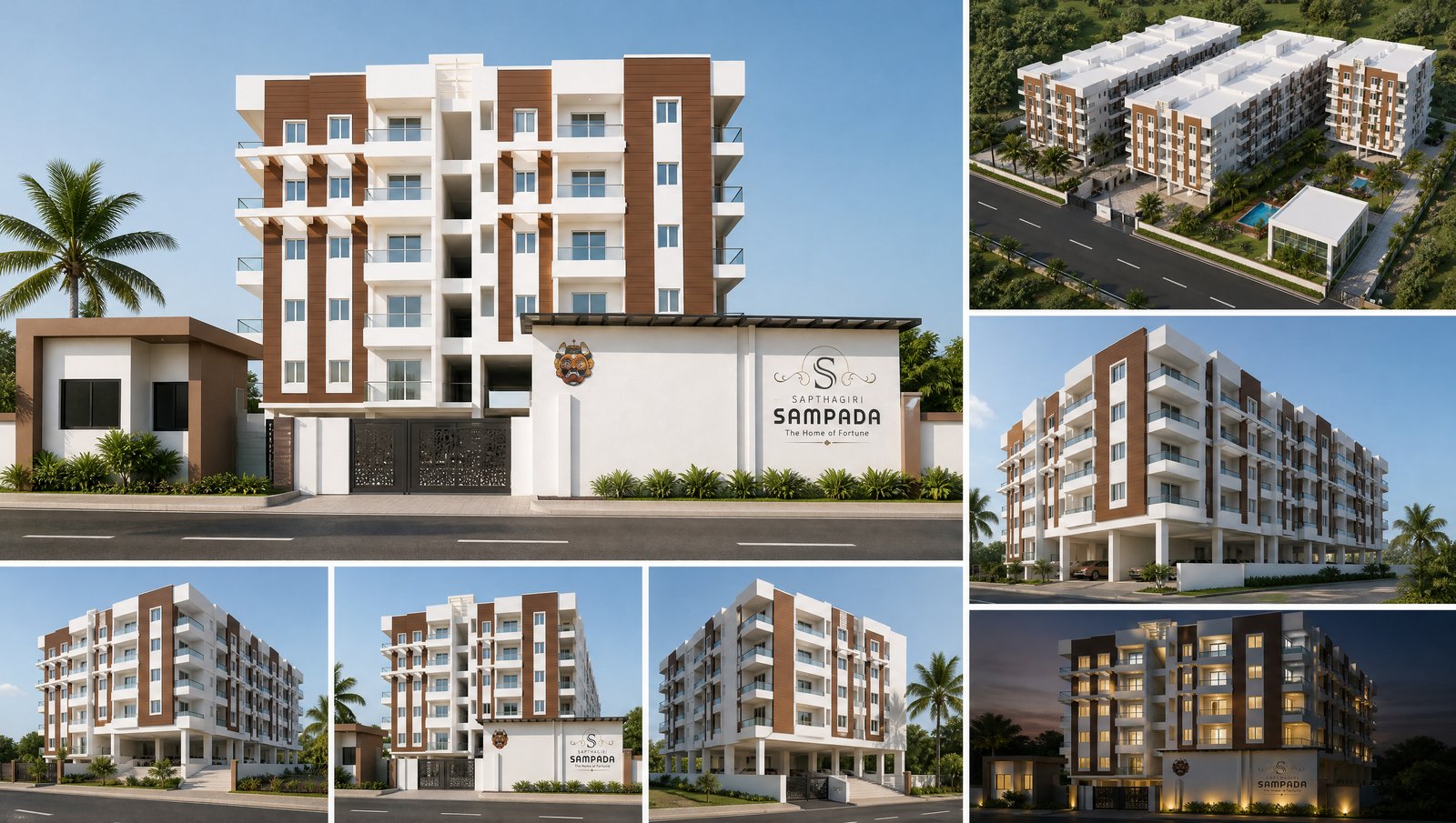 Multiple architectural render views of Sapthagiri Sampada